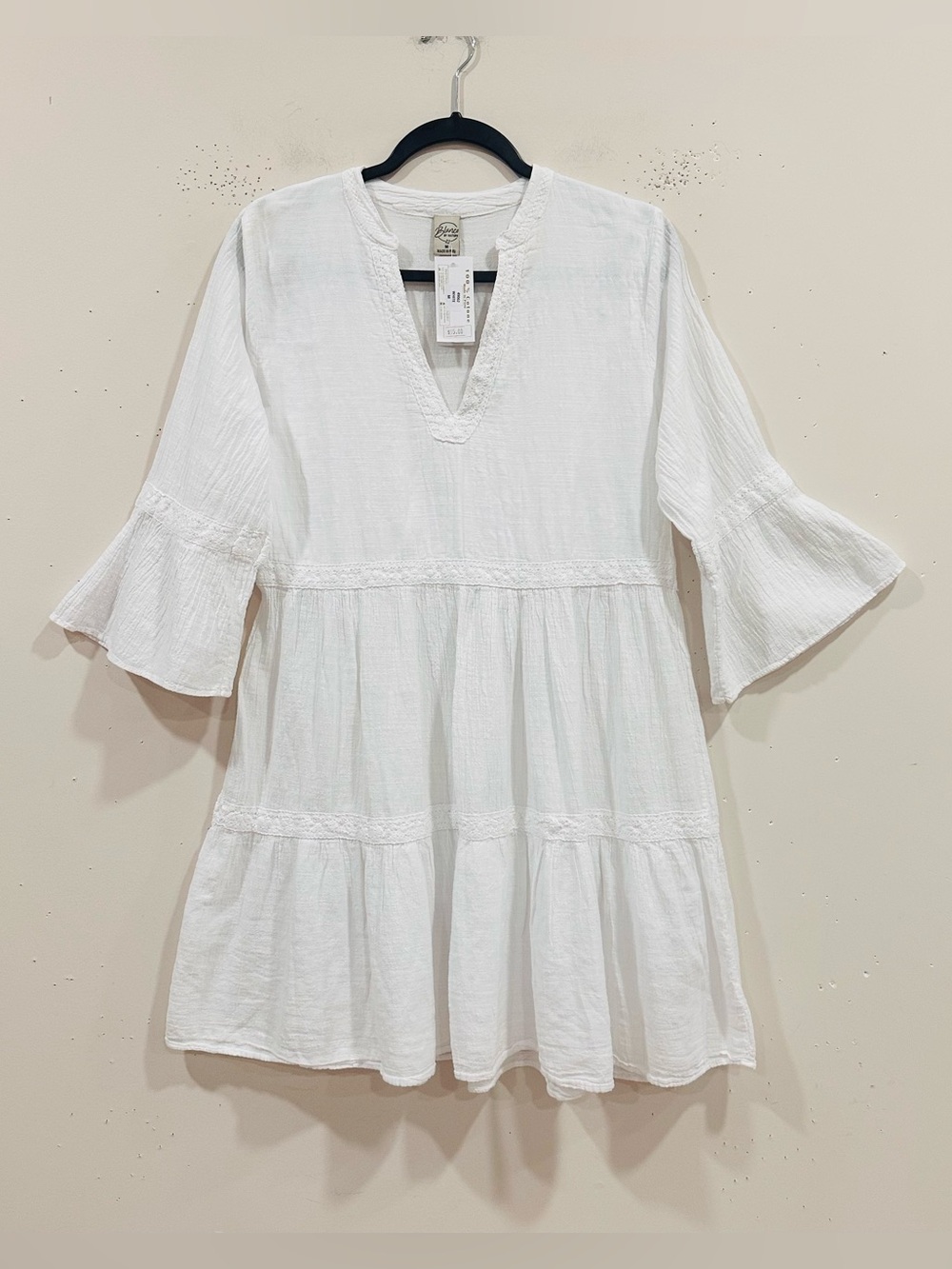 Blanco By Nature White Cotton Gauze Tiered Mini Dress Bell Sleeve Women M NWT